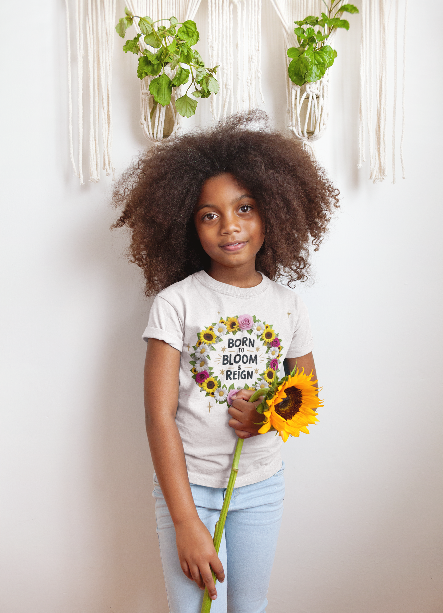 Born to Bloom and Reign Girls’ T-Shirt – Sunflower Wreath Empowerment Tee